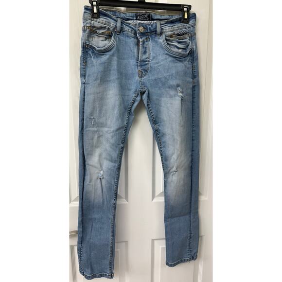 Alcott Men's distressed light blue denim buttonfly jeans - Picture 1 of 5